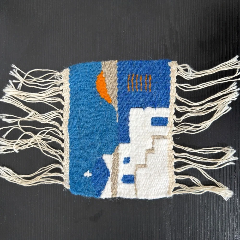 Santorini‎ mini Tapestry 6.5x5.5 Blue Mediterranean folk art Handwoven Wool Art